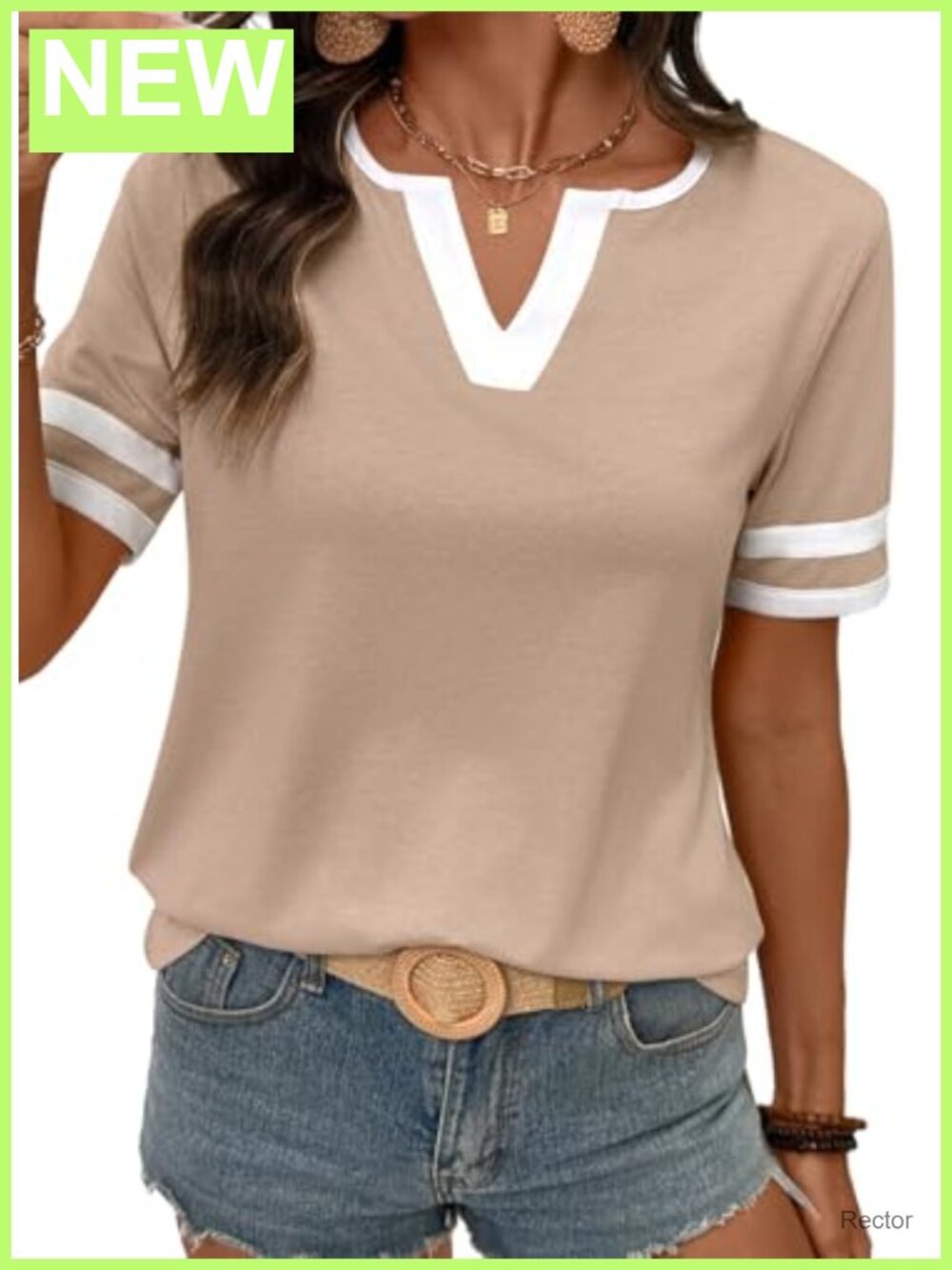 Women's V-Neck Short Sleeve T-Shirt Cotton Blend Colorblock Casual Tee
